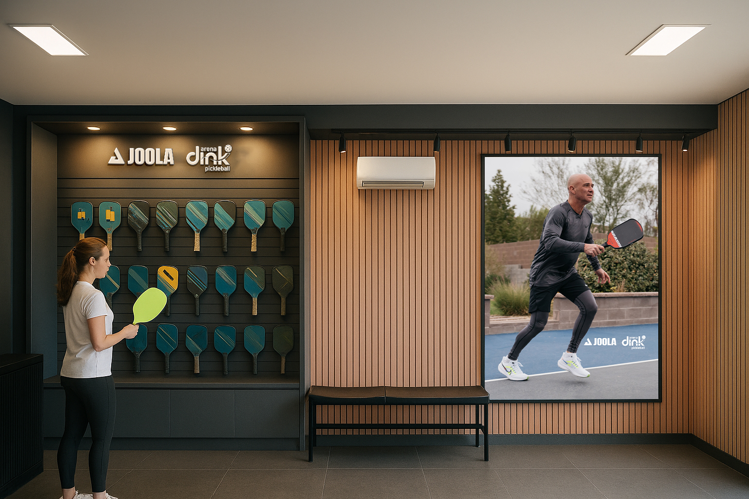 Proposta de ambientação para destacar a parceria JOOLA + Arena Dink Pickleball. Um espaço pensado para valorizar a experiência do atleta e a exposição dos produtos.